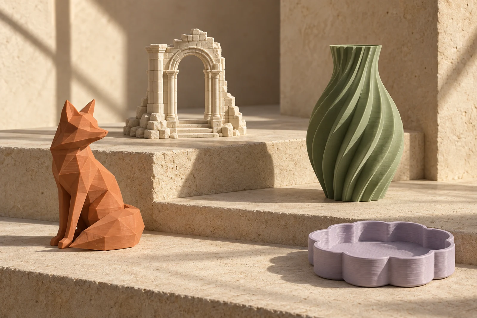 AI concept collection: terracotta fox, miniature ruins, sage vase and lavender tray