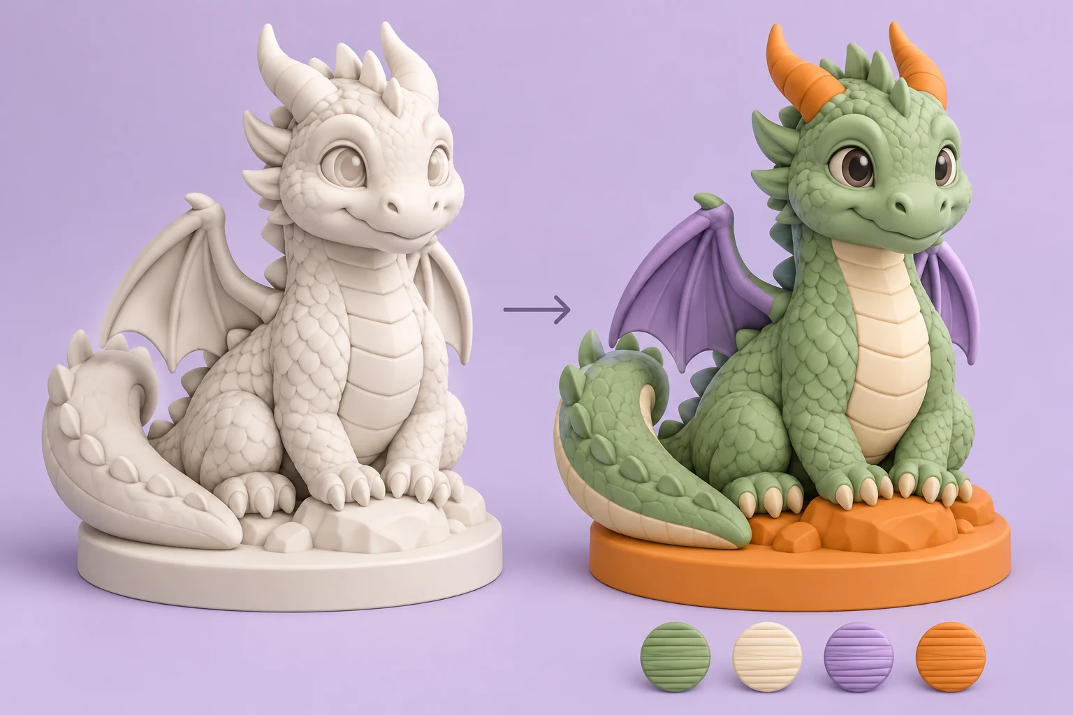 Illustration comparing an ivory dragon model with the same dragon divided into green, cream, purple and orange color regions