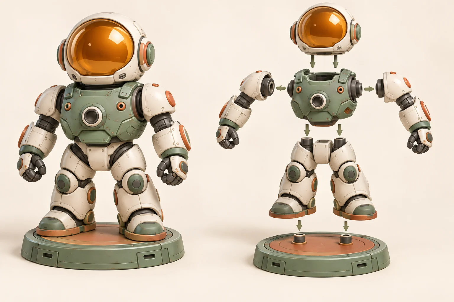 Illustration of an assembled robot beside separated head, body, arms, legs and base, with alignment arrows