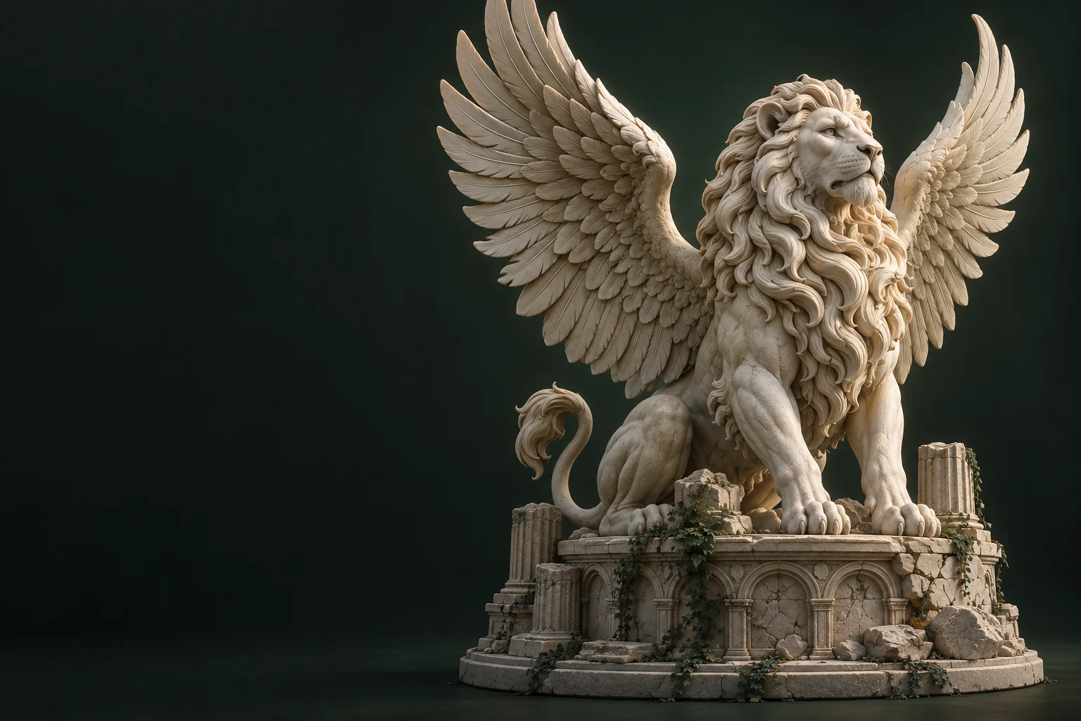 Illustration of a detailed winged lion 3D sculpture beside a text prompt