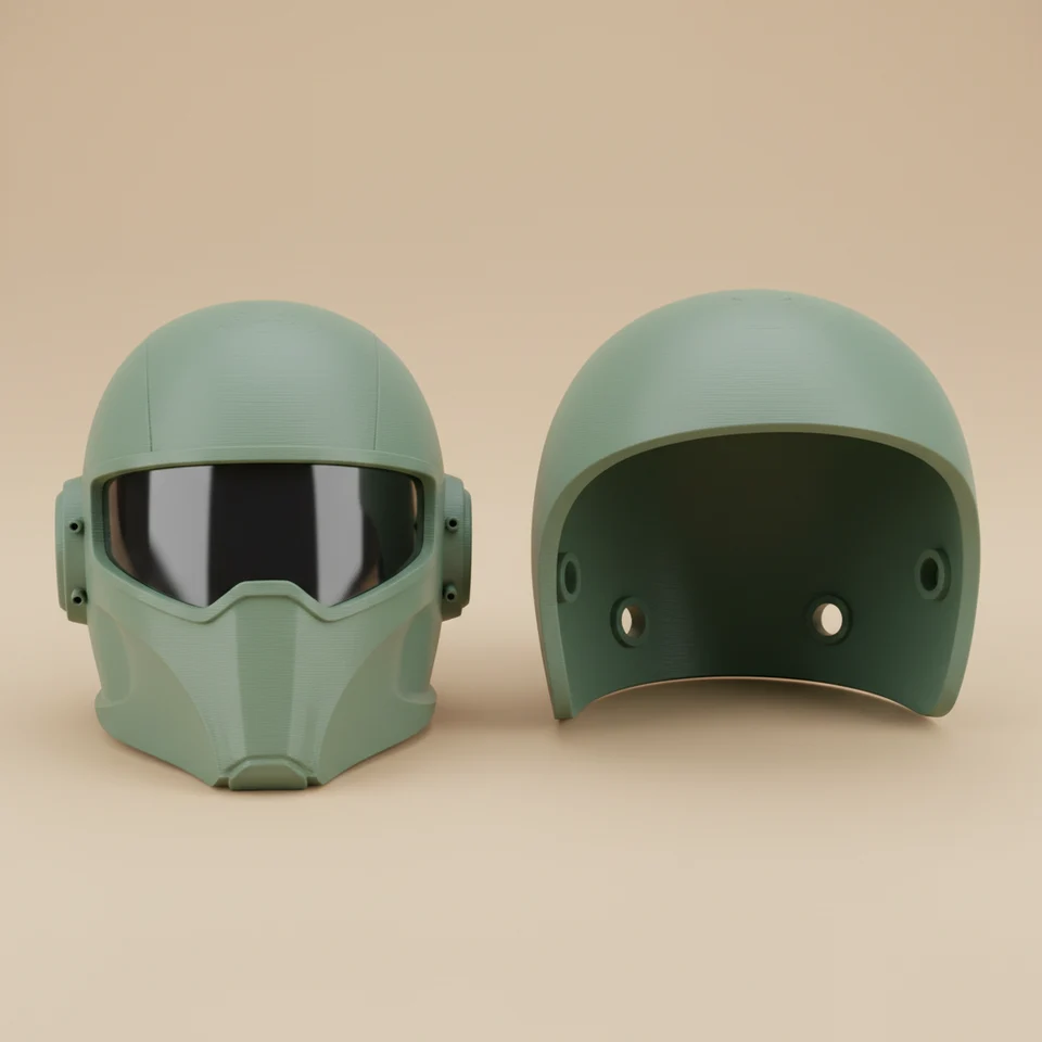 Sage green 3D printed cosplay helmet split into two halves with alignment pins