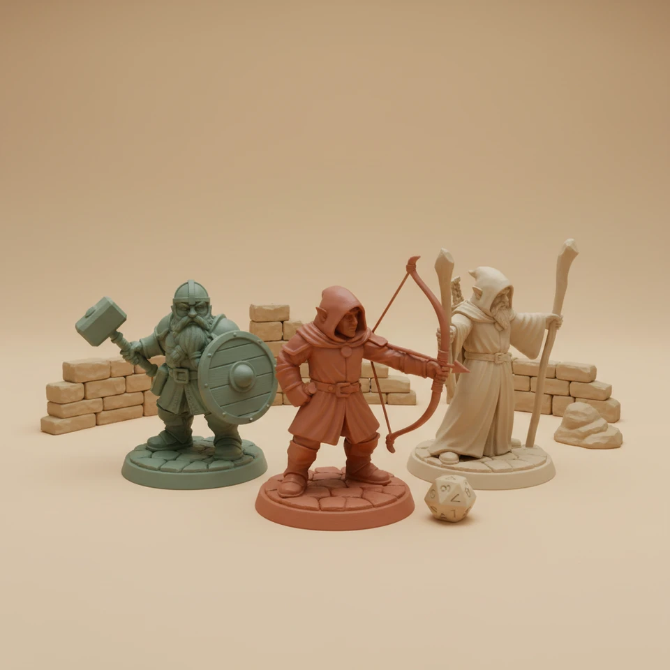 D&D paladin, ranger and wizard miniatures with ruined stone terrain and a d20 die on a warm studio background