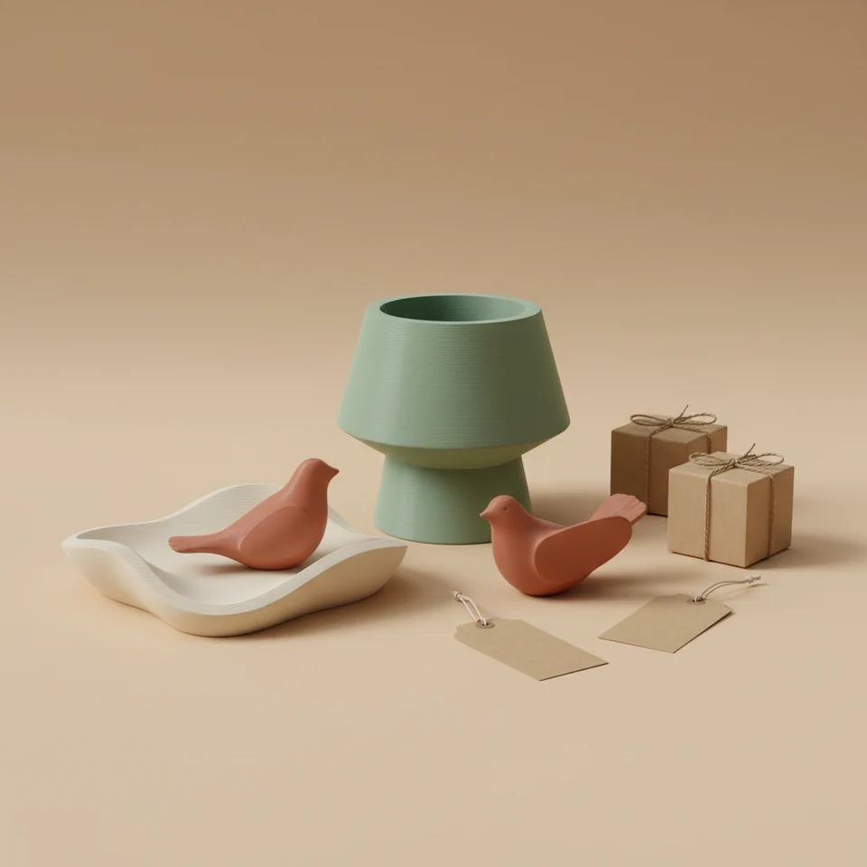3D printed planter, figurine and decor with kraft gift boxes and blank tags